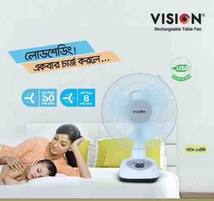 VISION Rechargeable Table Fan 12" White USB charger